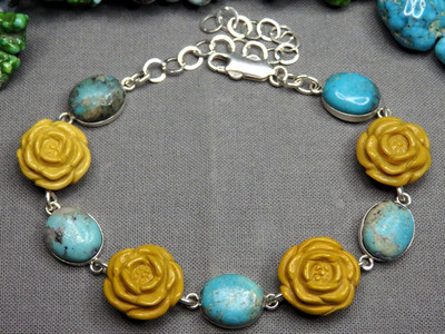 CAMPITOS TURQUOISE ALASHAN Agate ROSES 7-10'' Sterling Silver Adjustable BRACELET
