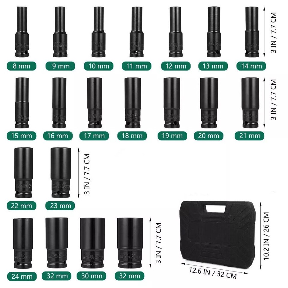 Prese Impatto 1/2 Metriche Kit Attrezzi Prese A Impatto Profondo, 35 Pezzi Metrici 1/2, 8-32 Mm, Con Custodia Resistente Prese Metriche 1/2 - Foto 7