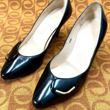 Oleg Cassini Pump Women 6.5M Black Good Vintage Gold Buckle Pointed Toe Heel