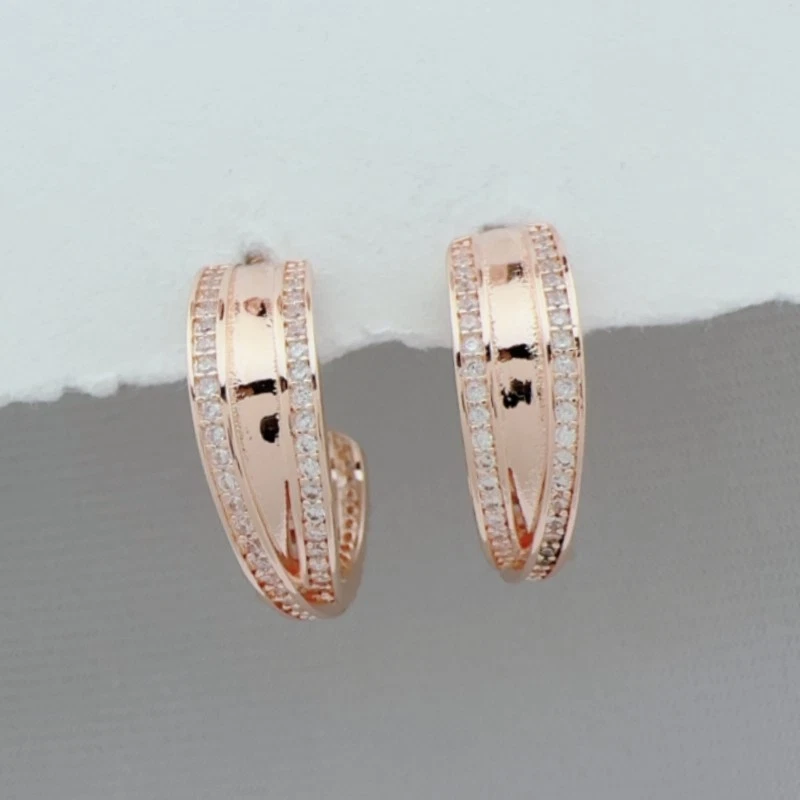 1pair Rose Gold Plated Shining Lines Entwined Pave CZ Hoop Earrings 280730CZ - Image 2 of 4