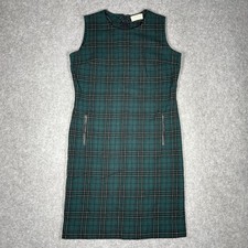 Vtg 60s Pendleton Wool Plaid Jumper Dress 14 Green Mod Leather Trim Talon Zip