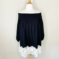Chelsea & Theodore Off the Shoulder Lace Hem Tunic Top