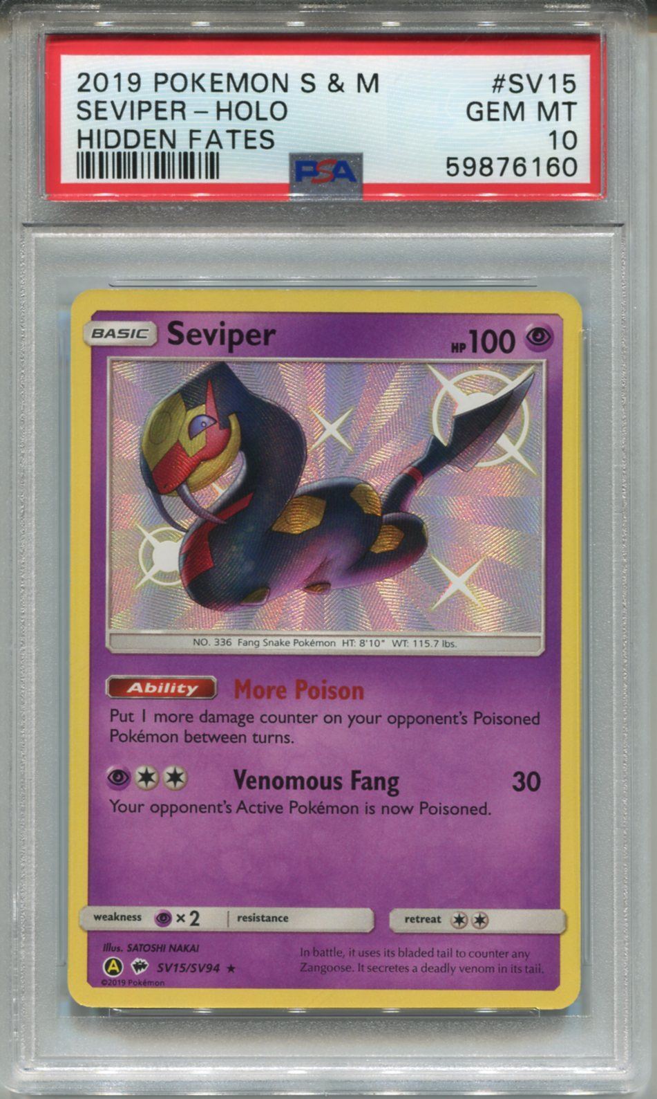 Pokemon Sun & Moon Hidden Fates Shiny Vault Card SV15 Seviper PSA 10