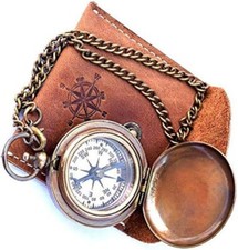 Handmade Nautical Brass Push Open Compass On Chain with Leather Case
