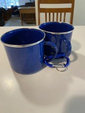 Camping Enamelware Blue Coffee Cup Mug - Large Pair Of 2 Silver Rim