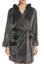 PJ Salvage Women's Cozy Hooded Robe Black Pom pom Medium new