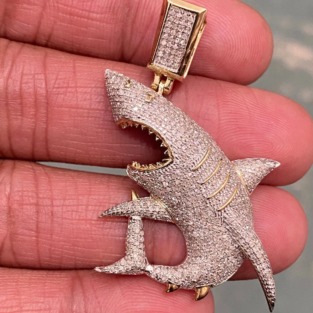 10k Yellow gold Diamond Shark Jaws Men s Charm Pendant 1.44ct Shark Jaws