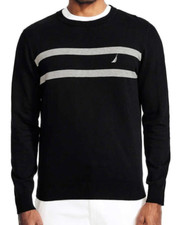 NWT Nautica Crew Neck  Men's Striped Cotton Sweater Color True Black Size L