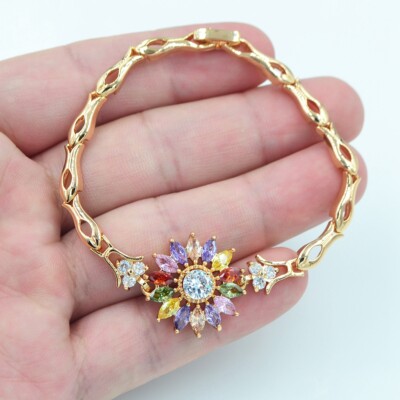 18K Yellow Gold Filled Women Multicolor Topaz Sunflower Charm Bracelet Jewelry