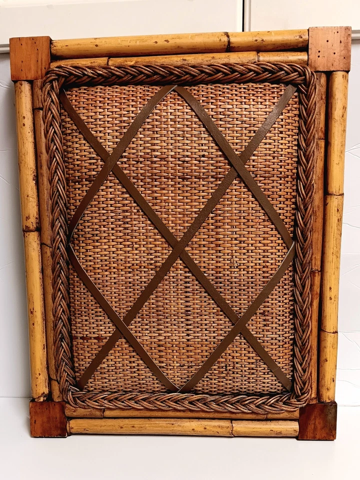French Memory Board Natural Bamboo Wicker Leather Straps 20"×16" Vtg Boho - Image 3 of 4