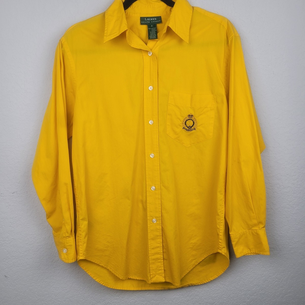 Ralph Lauren Women's Sz Yellow Preppy Crest Long Sleeve Cotton Button Up  Top