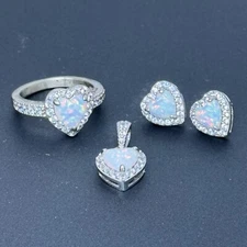 PAJ 925 Heart Shaped Lab Opal White Sapphire Pendant Earring Ring Set Sz 4 Zales