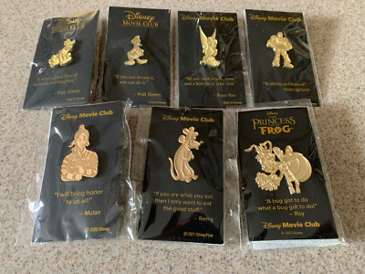 Disney Movie Club Anniversary Gold Color Lapel 7 Pin Lot. Donald Duck Pluto Remy