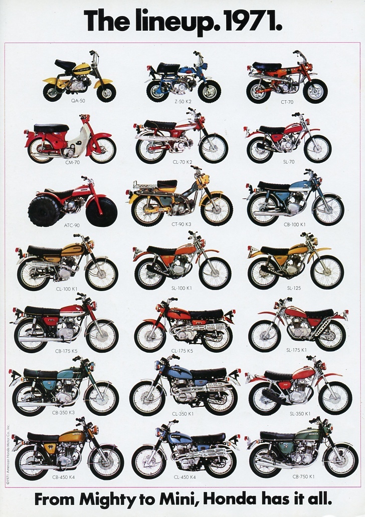 1971 HONDA LINE UP FULL LINE VINTAGE MOTORCYCLE POSTER 52x36 BIG