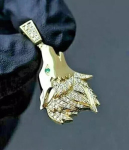 Authentic 2.50 Ct Round Cut Real Moissanite In 14K Yellow Gold Plated Wolf Pendant
