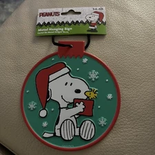 New Peanuts Christmas Snoopy w/Woodstock Hanging Metal Sign 5” Ornament