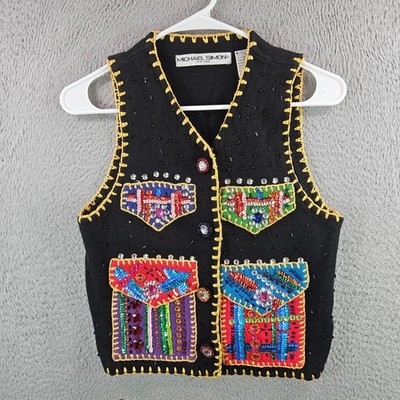 Michael Simon New York Vintage Beaded Sequin Knit Vest Black Size M Womens