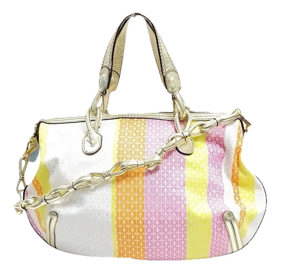 LOEWE Multicolor Anagram Striped Canvas Gold Leather 2way Fiesta Satchel Auth - Image 2 of 4
