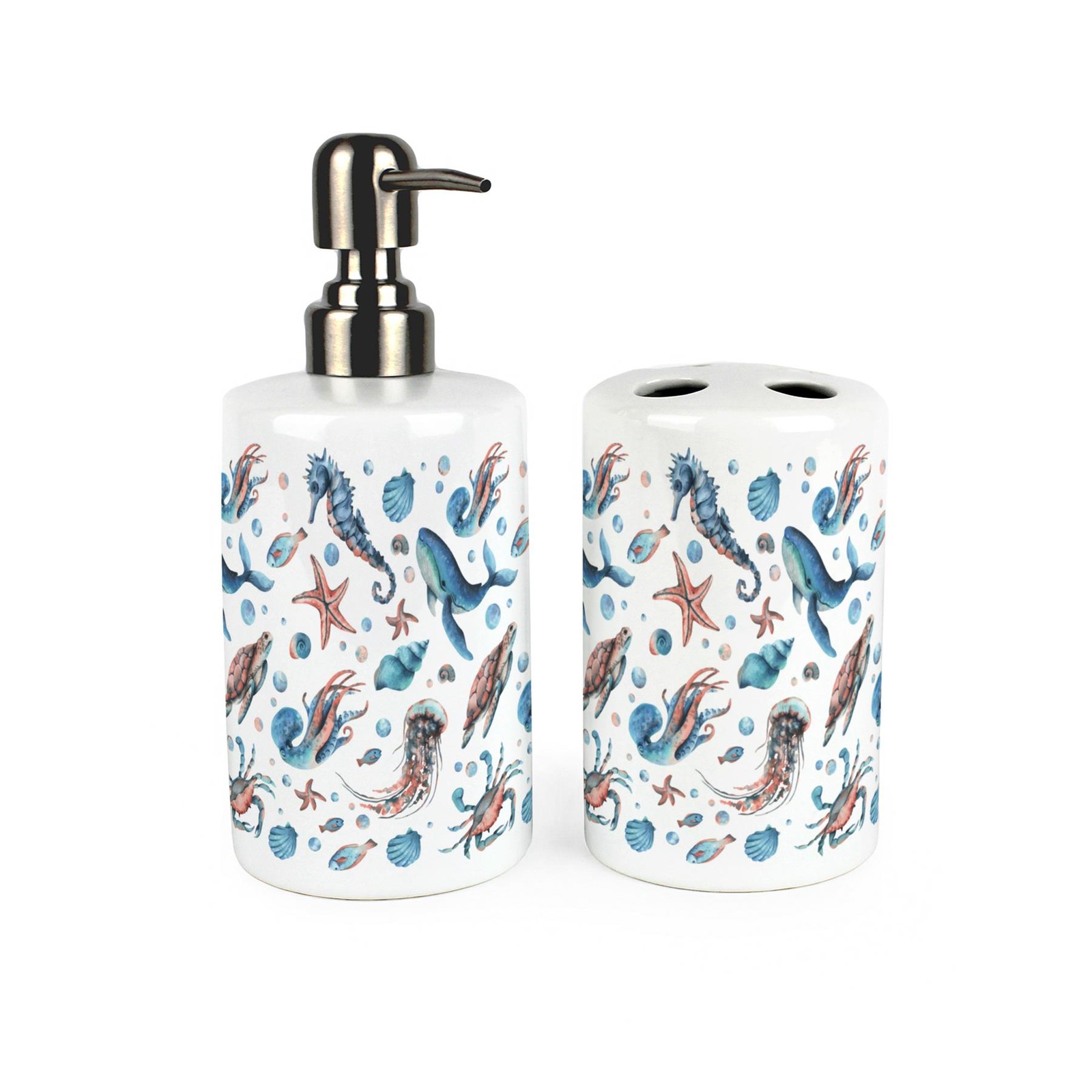 Sea Life Bathroom Set - Blue & Coral Ceramic Soap Dispenser & Toothbrush Holder