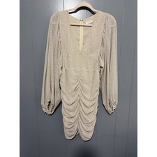 Storia Cream Printed Ruched Plunge V-neck Balloon Long Sleeve Mini Dress M