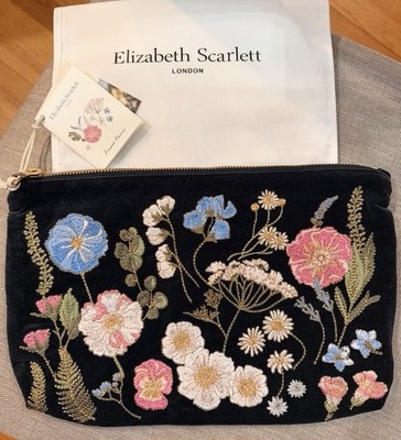 Elizabeth Scarlett Pressed Flowers Charcoal Velvet Everyday Pouch NWT