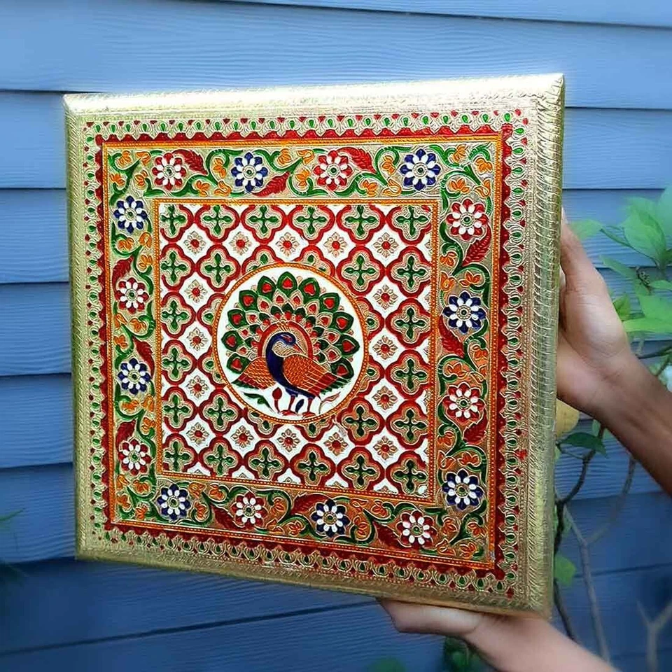 Pooja Chowki Bajot - Diseño de pavo real - Para Diwali pooja y decoración festiva - 16 pulgadas Foto 4 de 4