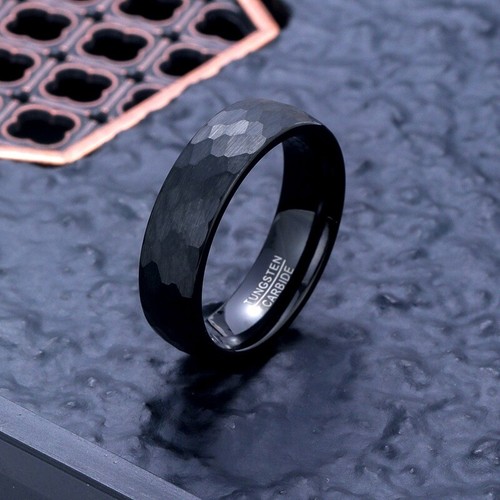 4mm-8mm Tungsten Black Hammered Mens Ring Wedding Bands for Men Comfort fit - Picture 7 of 21