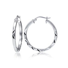 Sterling Silver 2mm Diamond Cut Square-Tube Round Hoop Earrings, 20mm