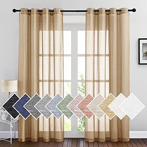 Sheer Linen Curtains Flax Texture 84 inch Length, Grommet Semi W52 x L84 Camel