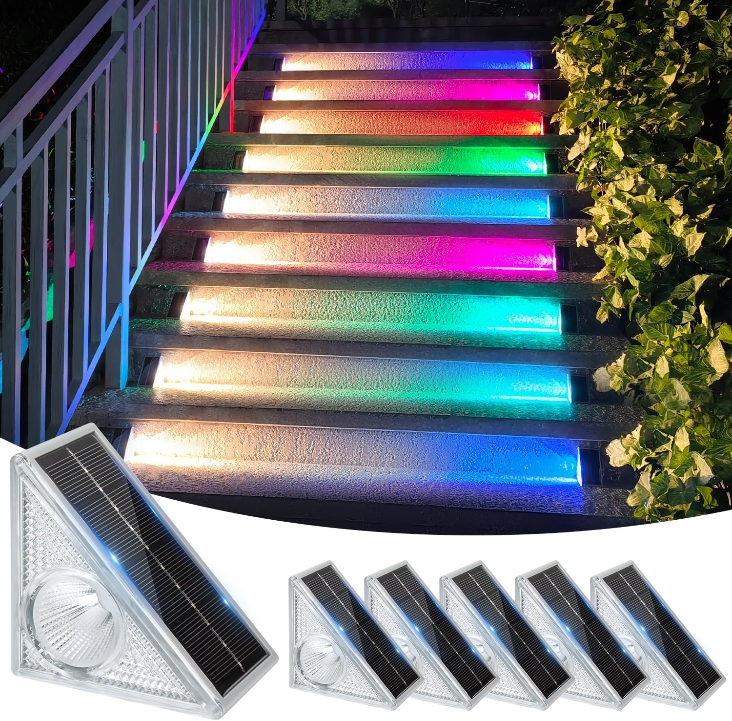 Solar Step Lights Outdoor 6 Pack with 10 Color Modes Waterproof Stair Lighting