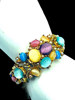 AMAZING SPATZ GOLDTONE MULTICOLOR DOMED MOONSTONE CABOCHON QUARTZ WATCH BRACELET