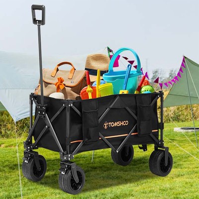 TOMSHOO Collapsible Folding Wagon Cart with Cup Holders Side Pocket Brakes V5O3