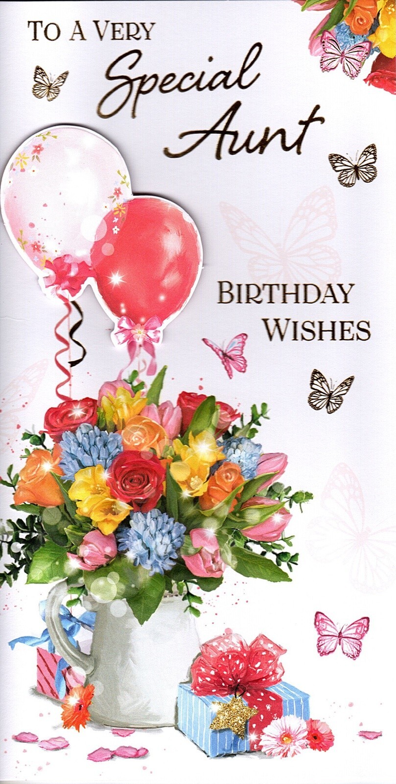 Happy Birthday Card To A Very Special Aunt Flowers Butterflies Balloon Gold Foil