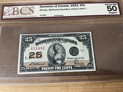 1923 CANADA SHINPLASTER CERTIFIED A/U 50 ORIGINAL CHECK LETTER L