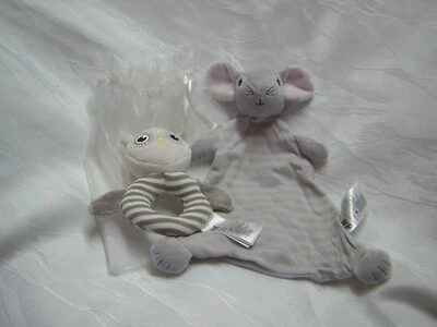H&M H & M Schmusetuch MAUS mit Rassel EULE UHU grau weiß gestreift *NEU im Beutel*