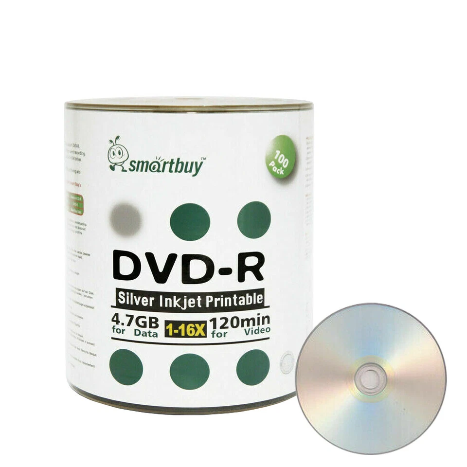 Smartbuy DVD-R 16X 4.7GB/120Min Silver Inkjet Hub Printable Blank Record Disc