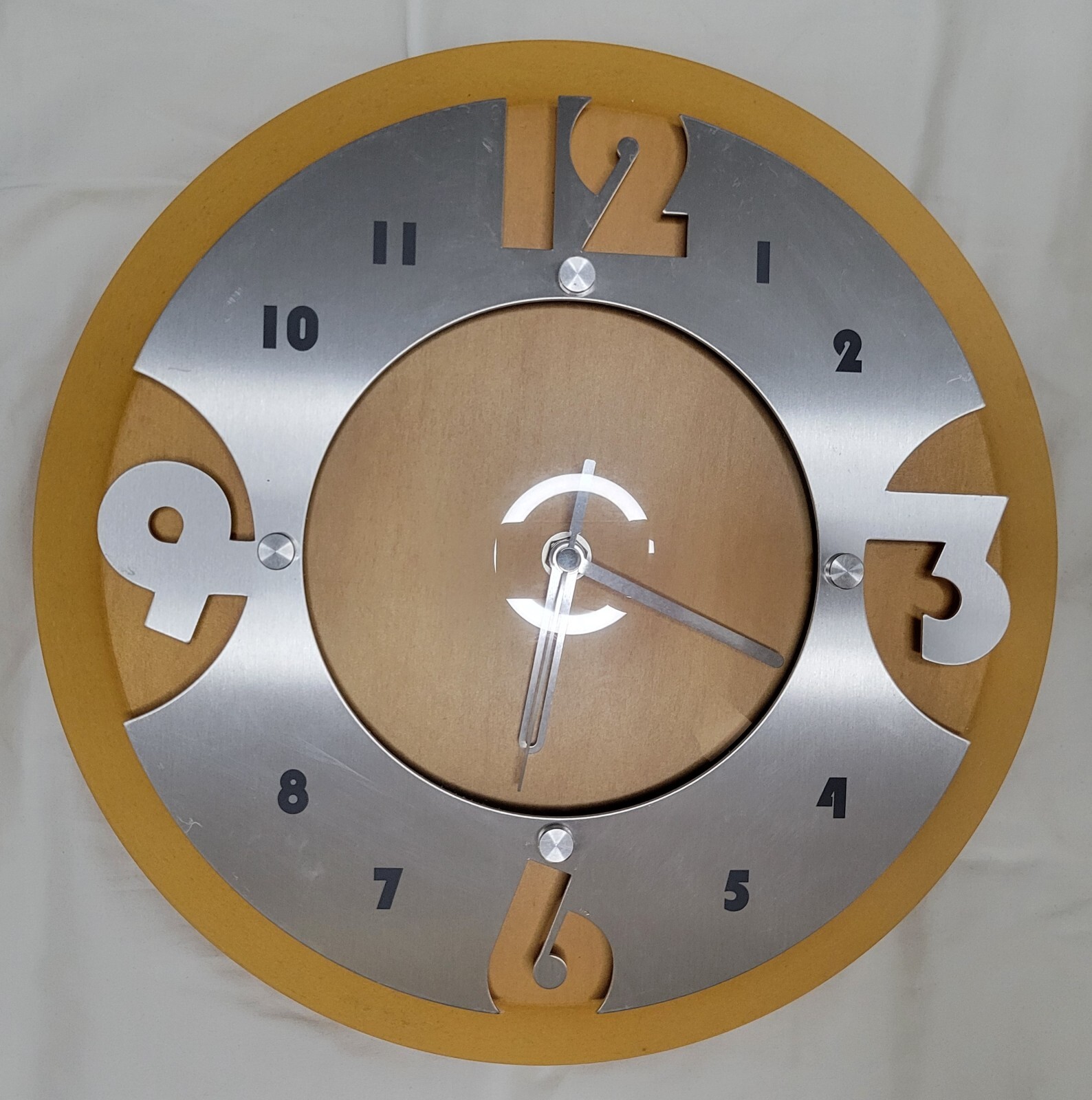 Modern wall clock with solid wood body & brushed silver finish, 11.5 in diameter