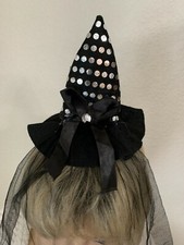 Black Dotted Witch Headband Hat with Veil Cap - One Size Costume