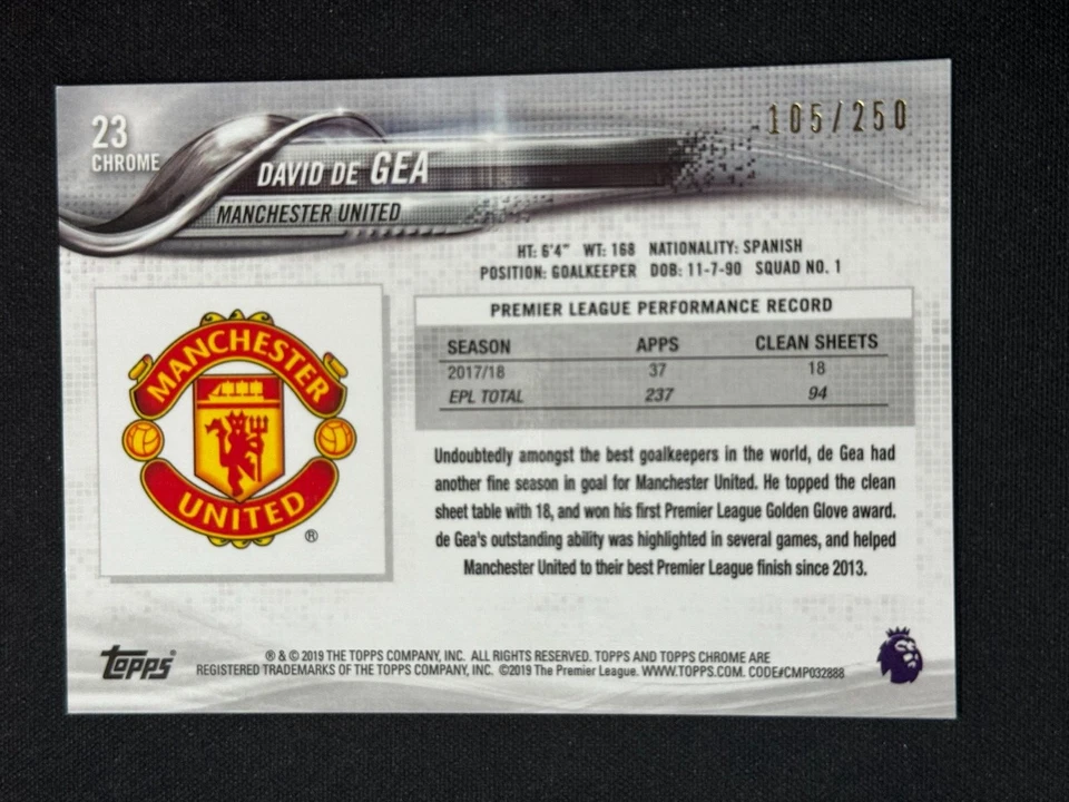 Topps 18-19 Chrome Premier League Manchester United David De Gea /250 Purple - Image 2 of 2