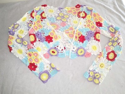 Emory Park Floral Cropped Cardigan Sweater ong Sleeve Crochet Top Size M
