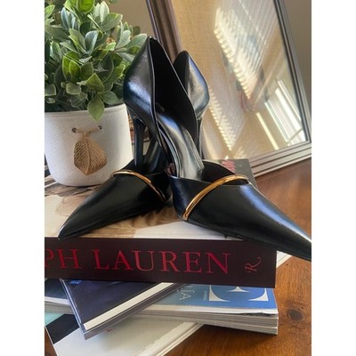 Zara Black Pointed Toe D'Orsay Pumps with Gold Metal Bar Detail Stiletto Heels