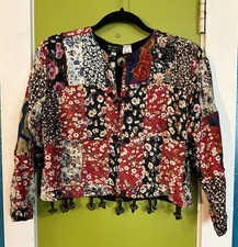 Nativewear Designs Vtg 90s Boho Floral Patchwork Crop Jacket Beads Coin Fringe M