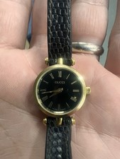 Gucci 2000L Watch Women 22mm Black Dial Gold Plated Round New Battery