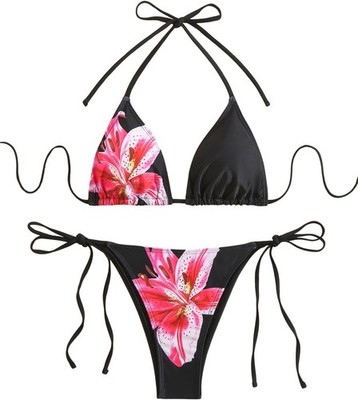 Women's Print Halter Neck Tie Bikini Set Triangle String Thong