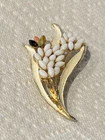 Vintage Signed Arthur Pepper Milk Glass White Enamel Floral Brooch Gold Tone Pin