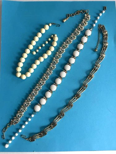 Lot Of 4 Vintage Costume Jewelry Necklaces, Gold-toned, White Beaded, 1 Trafari