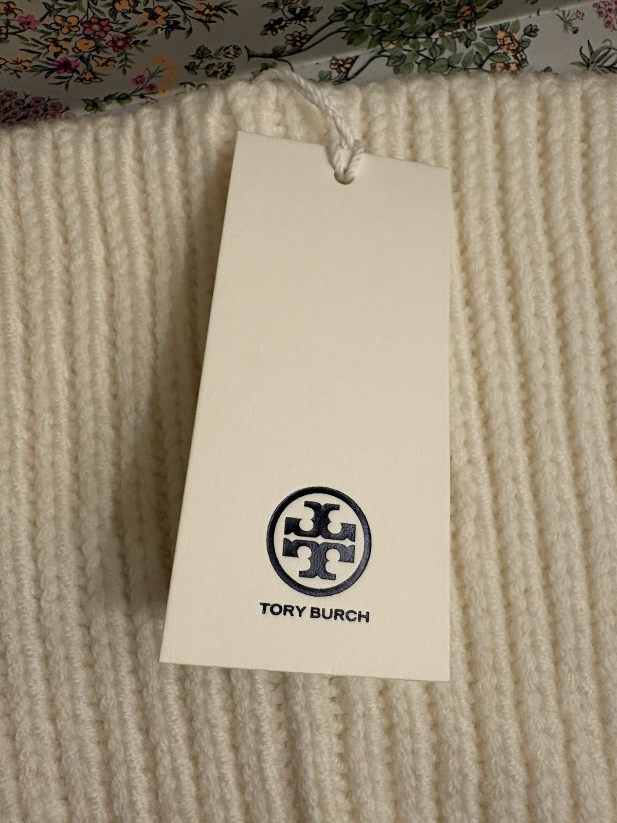 Tory Burch Merino Wool Ribbed Knit Ivory Mitten & Hat Set OS Lined Logo Winter thumbnail 2