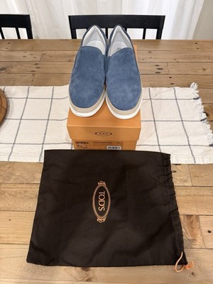 Tod s Men s 9.5 Blue Suede Slip-On Sneakers Lightly Used w/ Box & Dust Bag