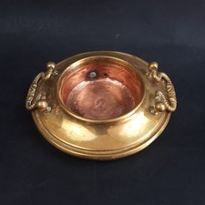 Piccolo braciere antico in ottone e rame con manici, portacandela vintage