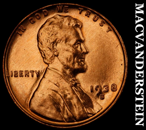 1938-S Lincoln Wheat Cent- Red- Choice Gem Brilliant Uncirculated Luster #J1784